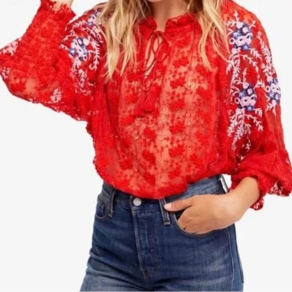 Free People Jubilee Embroidered Red Lace Blouse - Picture 1 of 9
